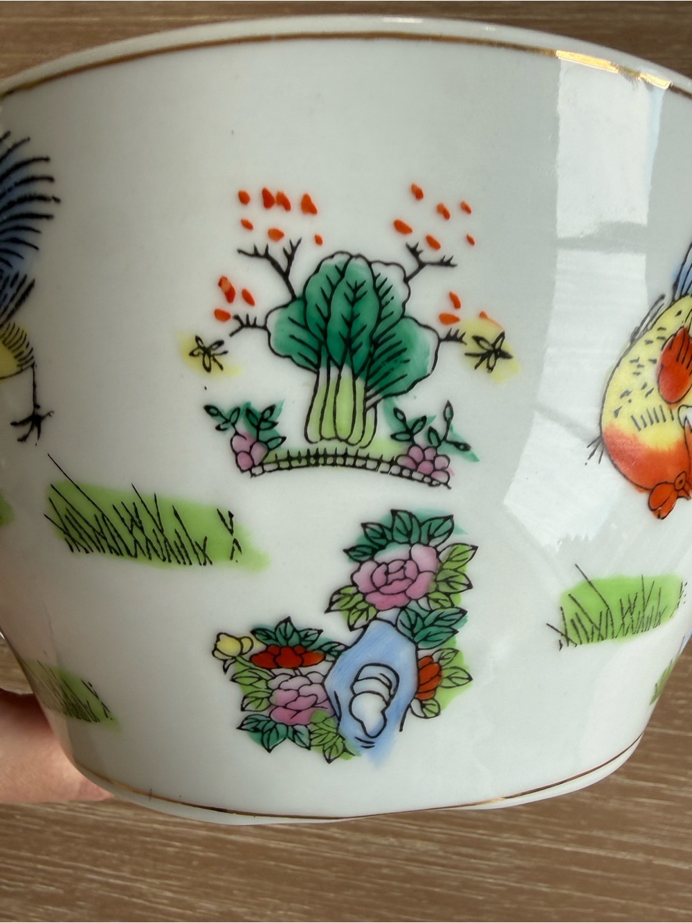 Vintage Chinese Porcelain Lidded Bowl Hand Painted Rooster & Peony Motif Ming Li - Picture 7 of 15